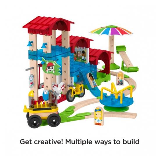 Set constructie Fisher Price din lemn si plastic 75 piese GGV82