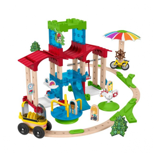 Set constructie Fisher Price din lemn si plastic 75 piese GGV82