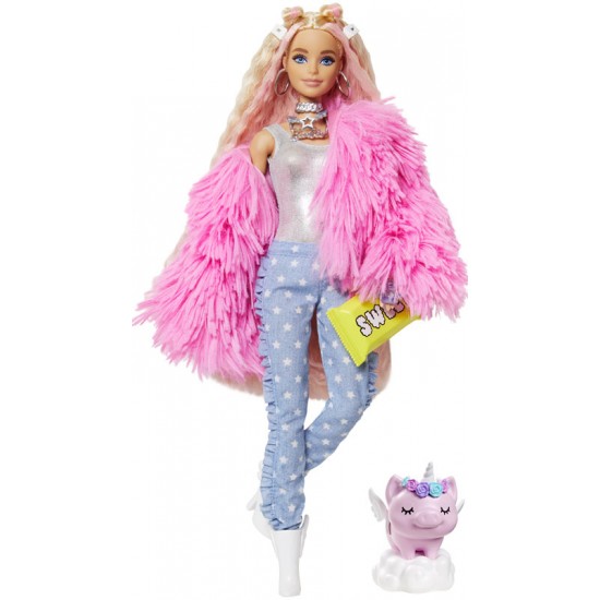 Papusa Barbie Extra cu geaca roz si porc unicorn Mattel GRN27-GRN28