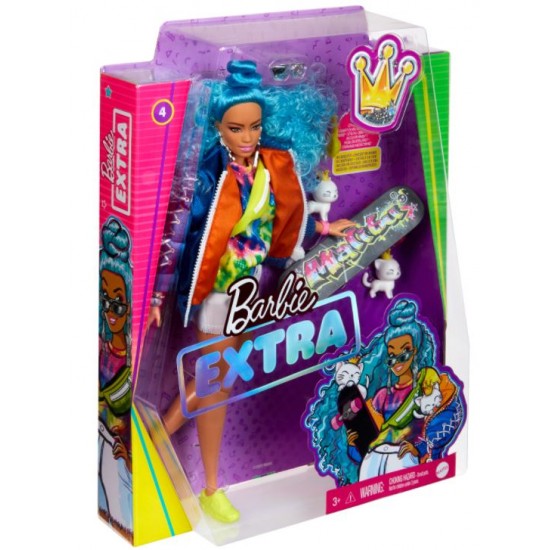 Papusa Barbie Extra cu par albastru si 2 pisicute Mattel GRN27-GRN30