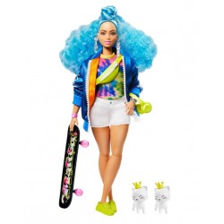 Papusa Barbie Extra cu par albastru si 2 pisicute Mattel GRN27-GRN30