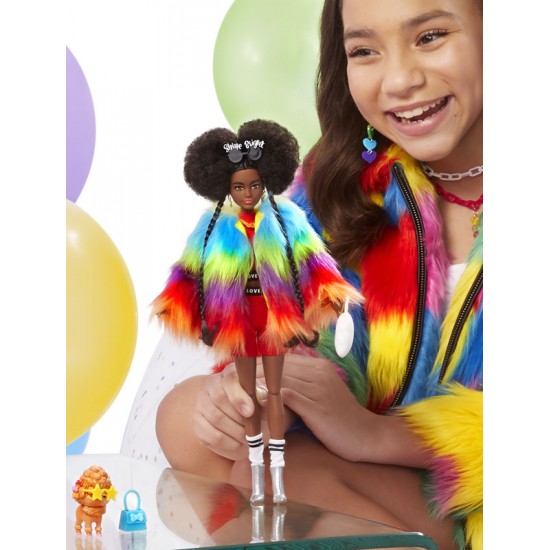Papusa Barbie Extra cu geaca curcubeu si catelus Mattel GRN27-GVR04