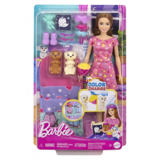 Papusa BARBIE FAMILY Set petrecere cu 2catelusi color Change Mattel HXN01