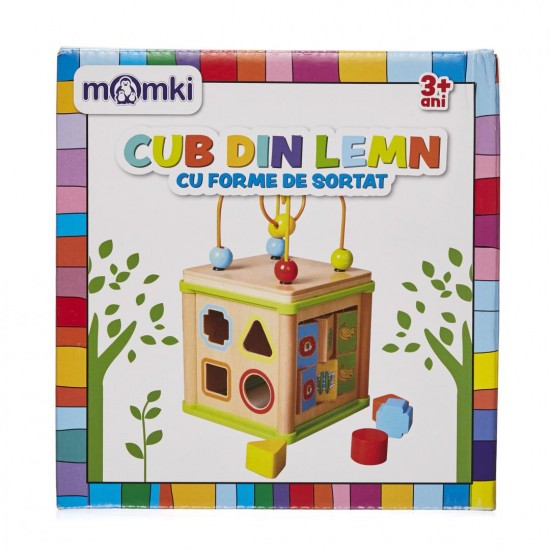 Cub din lemn cu forme de sortat Momki MKBI1572370